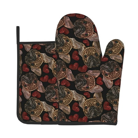 

Xecao Hearts and French Bulldog Pattern Oven Mitts and Pot Holders Sets Heat Resistant Silicone Oven Mittens Extra Thicken Long Kitchen Cotton Oven Glove for Cooking