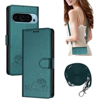 ELEHOLD for Google Pixel 9/9 Pro Wallet Case, Cute Embossed Cat PU Leather RFID Blocking Credit Card Slot Kickstand Shockproof Case with Crossbody Strap for Google Pixel 9/9 Pro,Darkgreen