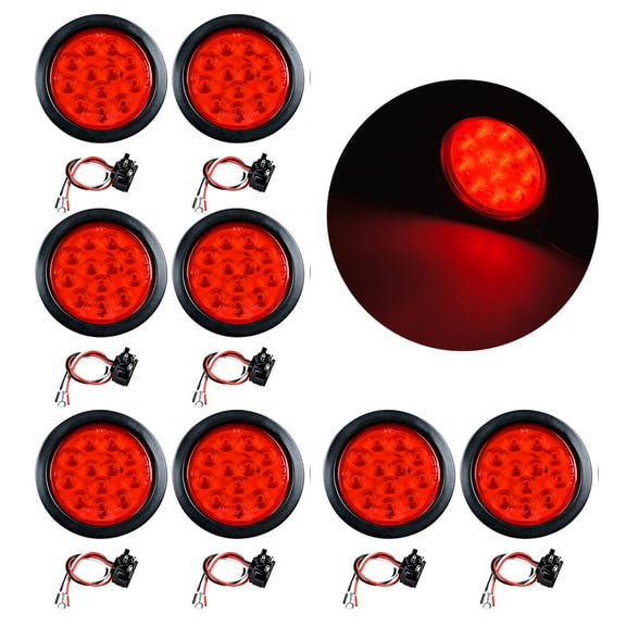 8pcs Red 12 LED 4" Round Universal Brake Stop Tail Light Rubber Cover Grommet Wiring Plug Kit For Truck Trailer RV 12V