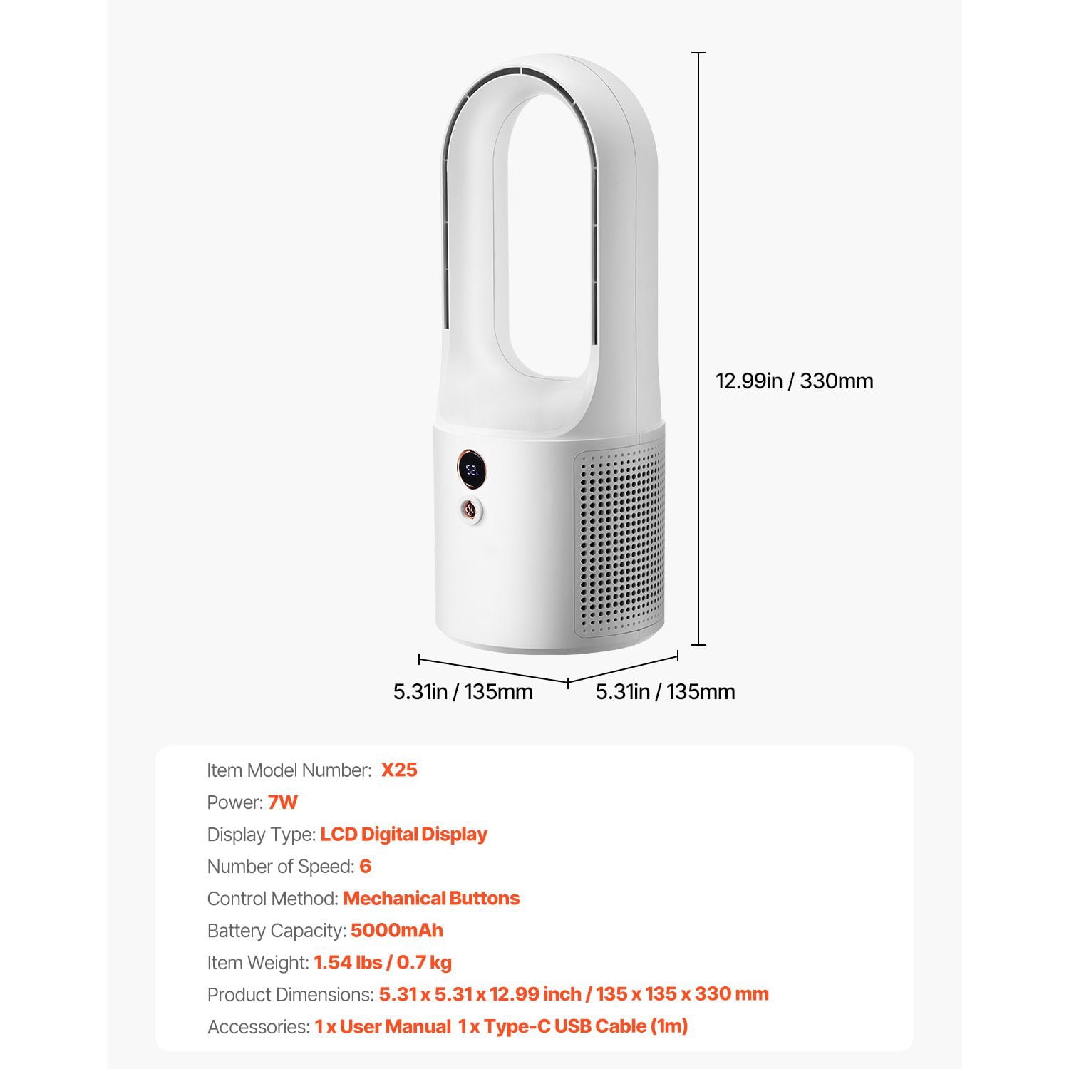 Bladeless Desk Fan, 7W with 6 Speed Levels, 5000mAh Battery, LCD Display, Button Control, Lightweight and Compact, Quiet Operation for Home and Office Use