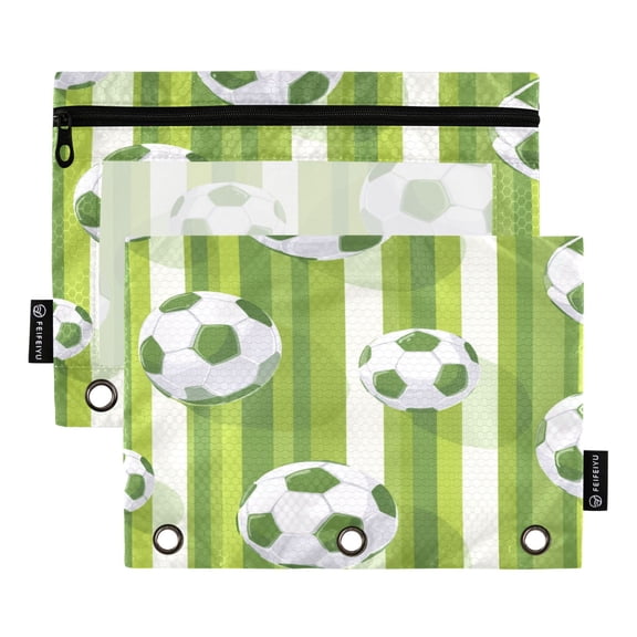 2 Pack 3 Ring Binder Pouch with Clear PVC Window Water Resistant Zipper Pencil Pouch Green Footballs Pattern Binder Pocket for Classroom Office Home Stationery Organization