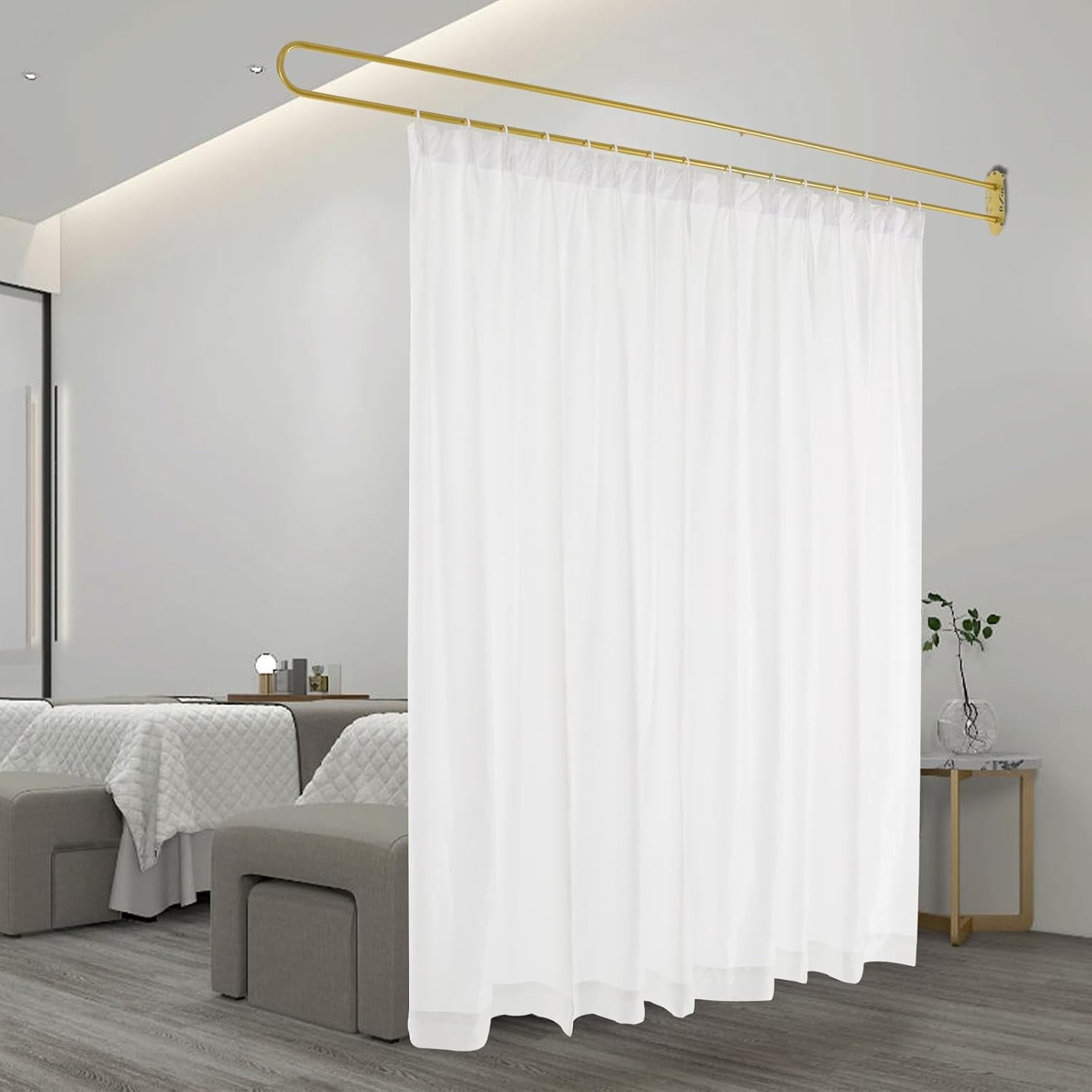 Privacy Partition Curtain Wall Mounted Room Divider with U-Shape Rod 7.5ft Wide & 7.22ft Height Curtain Drapes Separator Partition Screen Panel for Bedroom (White)