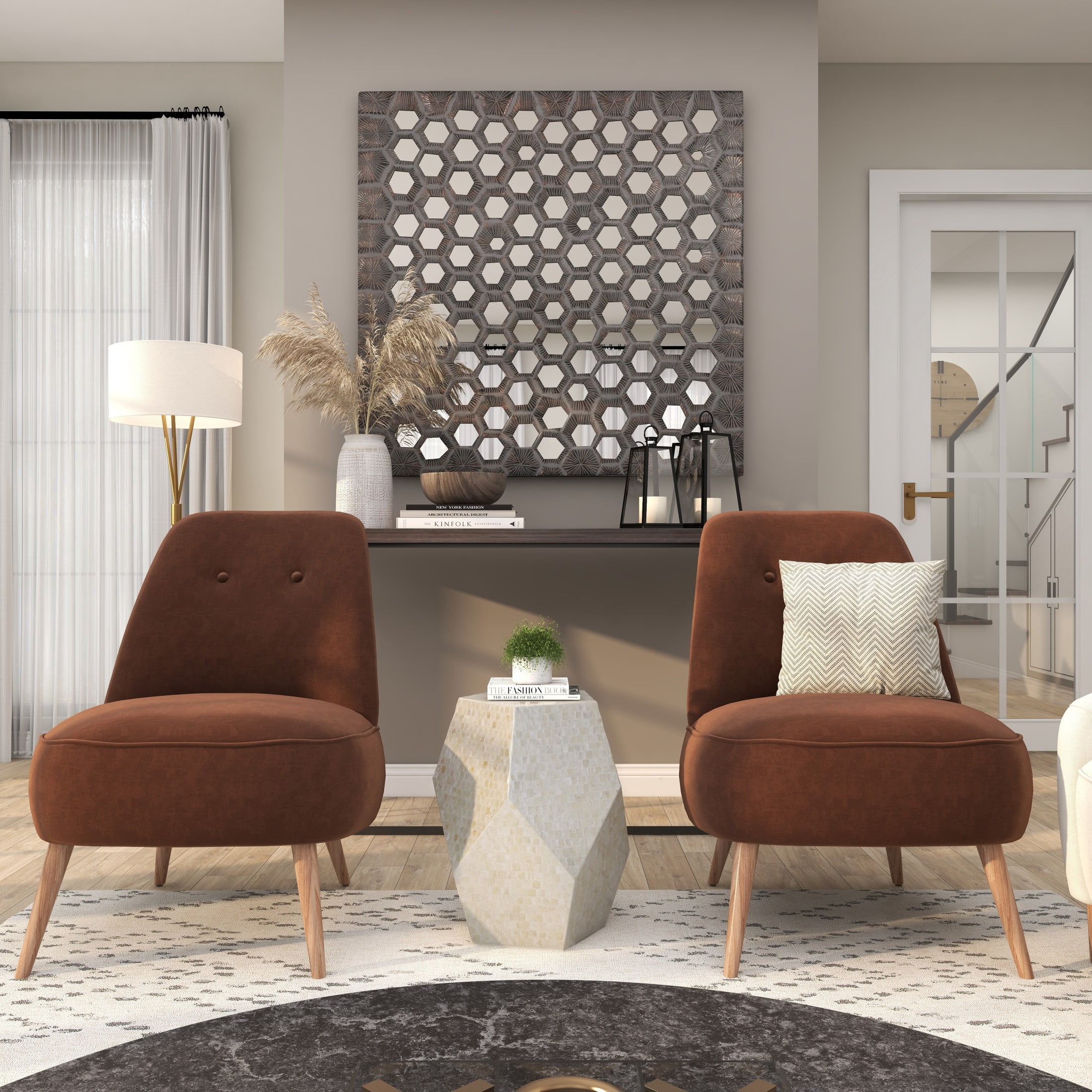DecMode 16" x 19" Cream Mother of Pearl Shell Handmade Mosaic Inlay Geometric Accent Table, 1-Piece