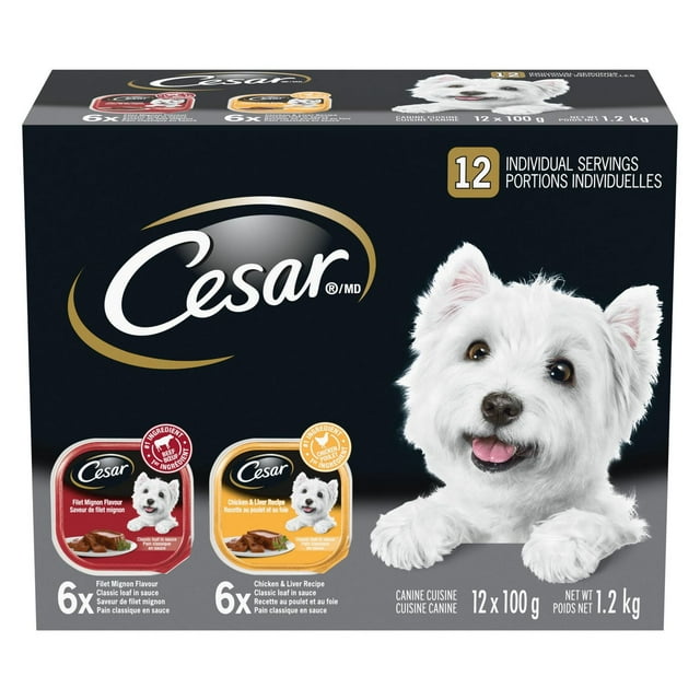 Cesar Adult Classic Loaf in Sauce Filet Mignon Flavour, Chicken & Liver Recipe Variety Pack Soft Wet Dog Food 100g