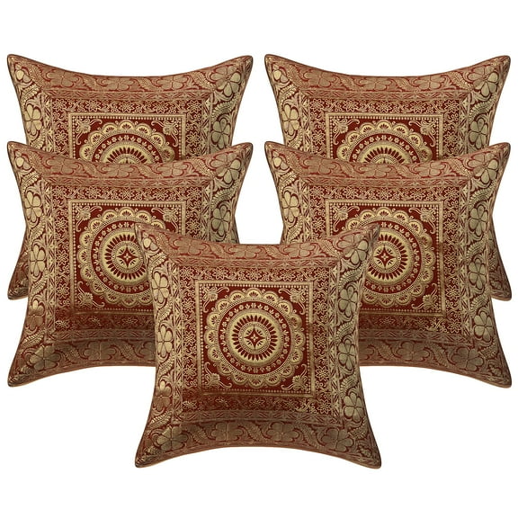Stylo Culture Ethnic Couch Throw Pillow Covers 16x16 Jacquard Red Square 40 x 40 cm Home Decor Accent Pillowcase Brocade Floral Mandala Zippered Cushion Covers | Set Of 5
