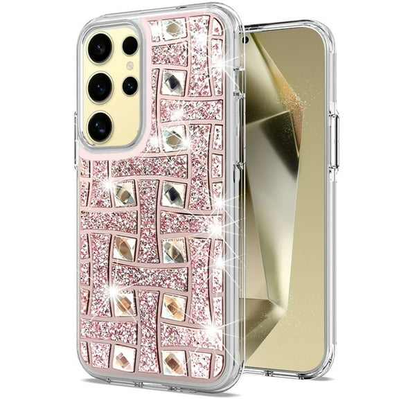 Diamond Encrusted Hybrid Case for Samsung Galaxy S25 Ultra - Basketweave Rose Gold