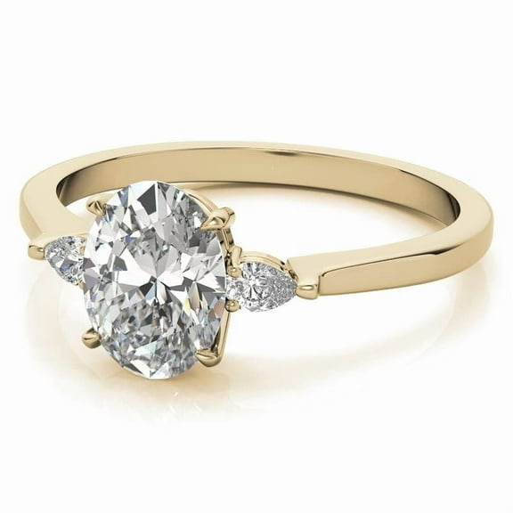 Solitaire Brilliance 2CT Oval Lab Grown Diamond With Side Pear 3-Stone Engagement Ring 10K Yellow Gold, Ring Size 4