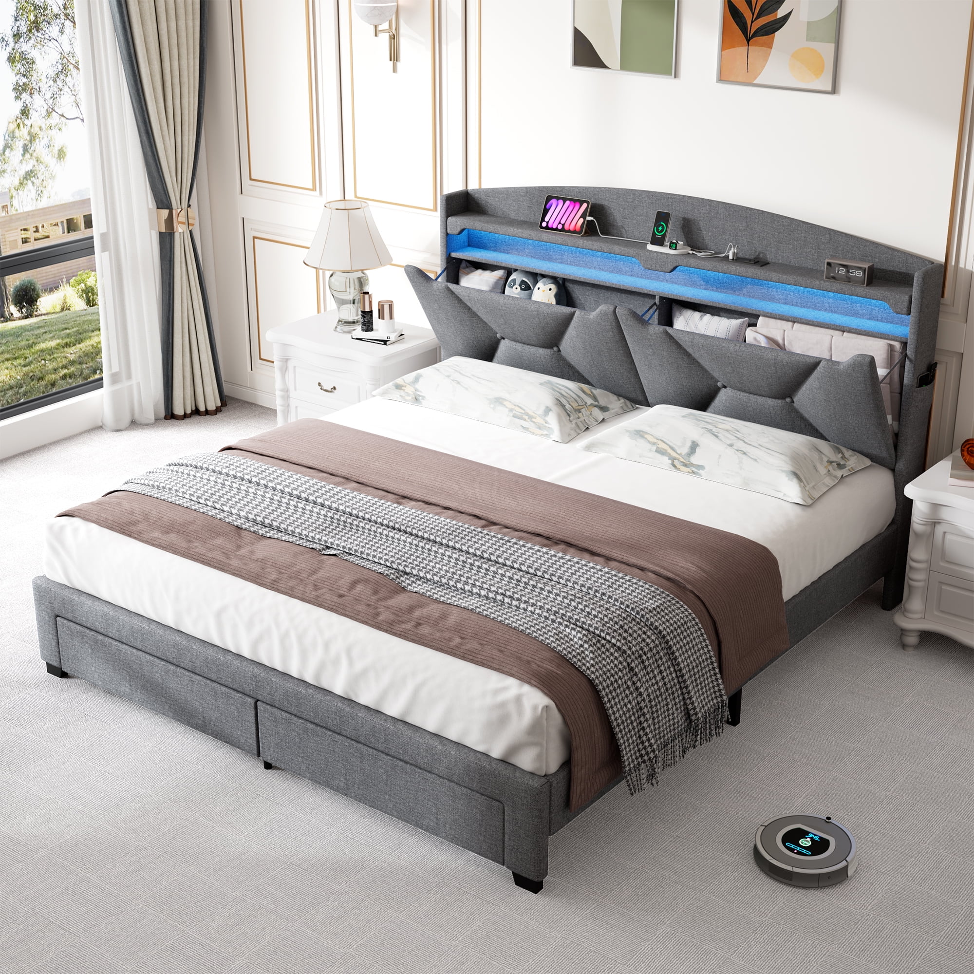 Miniyam Queen Size Upholstered Bed with RGB Headboard, Drawers, USB Ports, Type-C for Adult, Gray