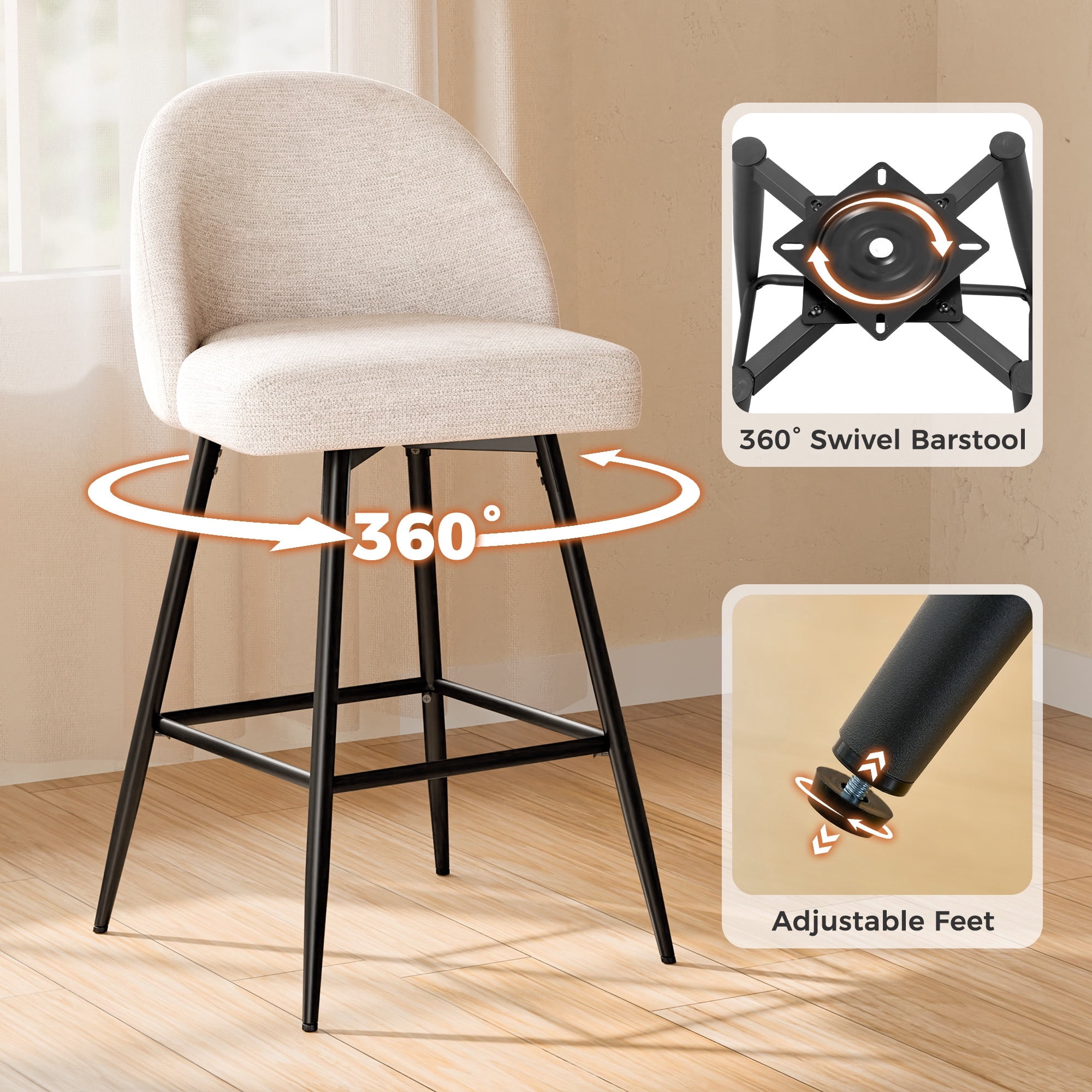CDCASA Swivel Counter Height Bar Stools Set of 3, 27" Seat Height Modern Barstools with Back and Metal Legs, Chenille Upholstered Kitchen Island Chairs, Beige