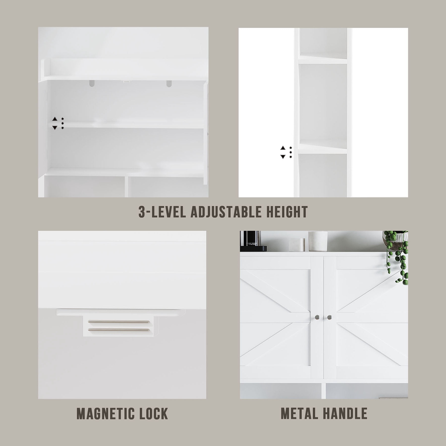 S-HOME White Bathroom Space Saver Cabinet With Double Doors, Open Shelves And Adjustable Shelf For Organized Toiletries
