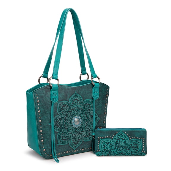 Montana West Vintage Western Tooling Tote Bag & Wallet Set for Women | Studded Top Handle Shoulder Handbag, Turquoise