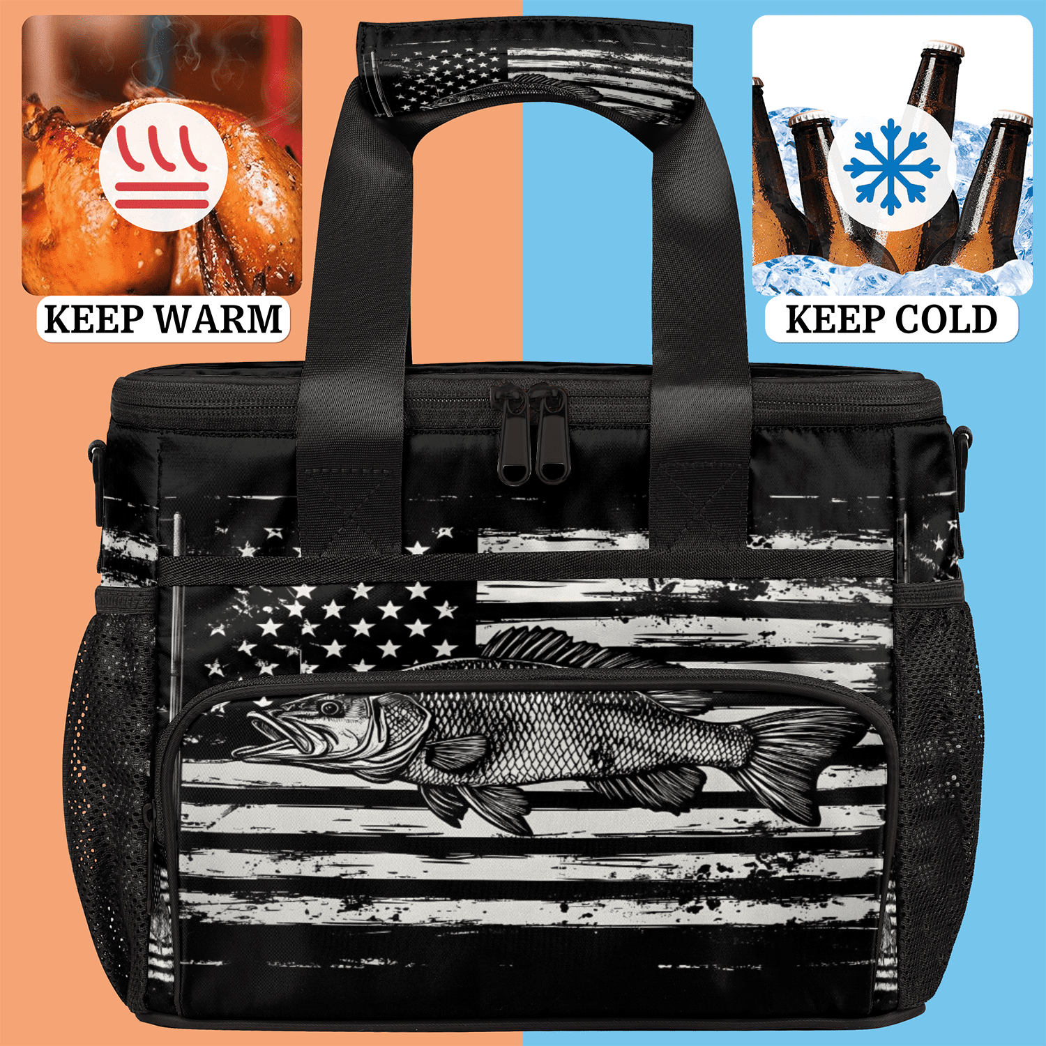 Herdesigns American Flag Large Insulated Lunch Box for Adults Women Men with Adjustable Shoulder Strap, Bass Fish Reusable Cooler Lunch Bag for Offices Picnic Hiking Beach