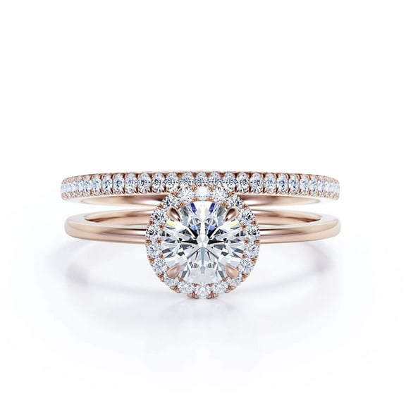 Fairy Minimalist 1.75 Carat Round Cut Diamond Moissanite Engagement Ring, Classic Halo Wedding Ring in 925 Sterling Silver With 18k Rose Gold Plating Gift For Her, Promise Ring, One Matching Band
