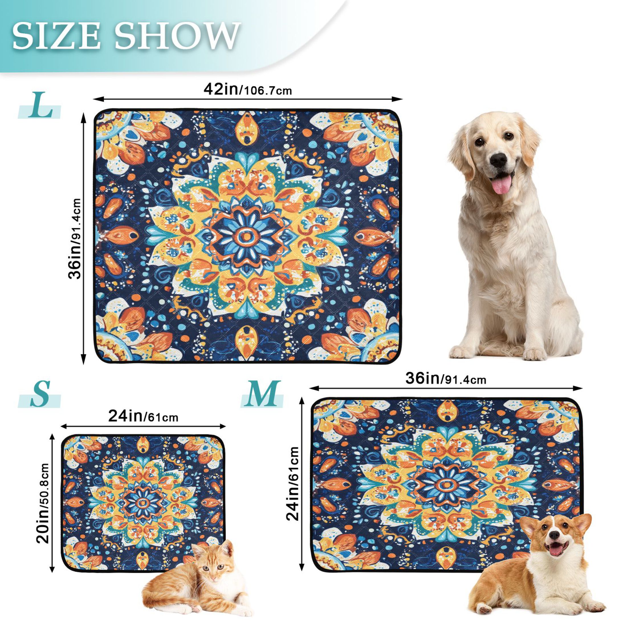 Qxltty Bohemian Style Pattern Cat litter Pads Pet Set of 3 Diaper Mats Center Anti-leakage Layer Absorbent Soft and Comfortable