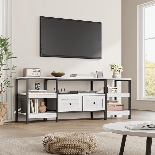 Bingirl 79-Inch Modern-Industrial TV Stand - Rustic White Media Console with 2 Fabric Drawers, Open Design and Metal Frame, for Up to 83-Inch TVs in Living Room