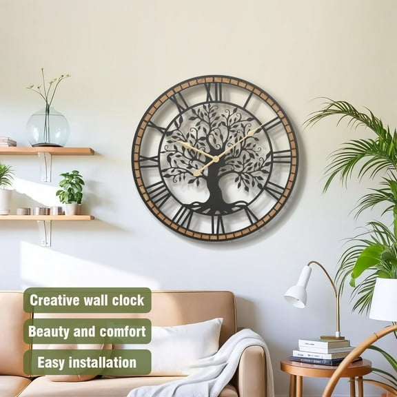 Large Wall Clock 24 Inch Tree of Life Metal Black with Solid Wood Frame - Silent Non-Ticking Battery Operated Home Decor