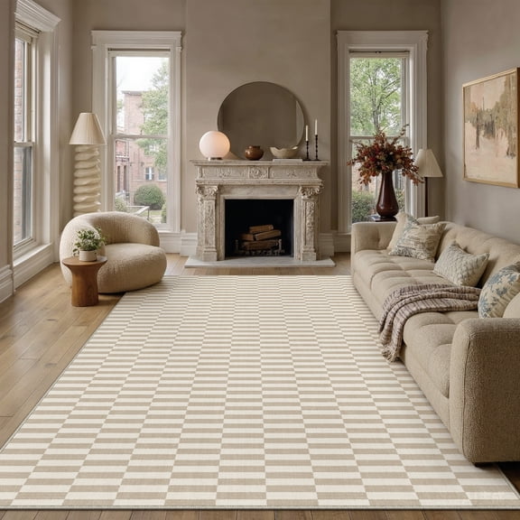 BERTHMEER 8'x10' Area Rugs for Living Room Large Light Brown Beige Checkered pattern Rugs for Bedroom Office Machine Washable Farmhouse Dining Room Rugs Non Slip Modern Contemporary Geometric Carpets
