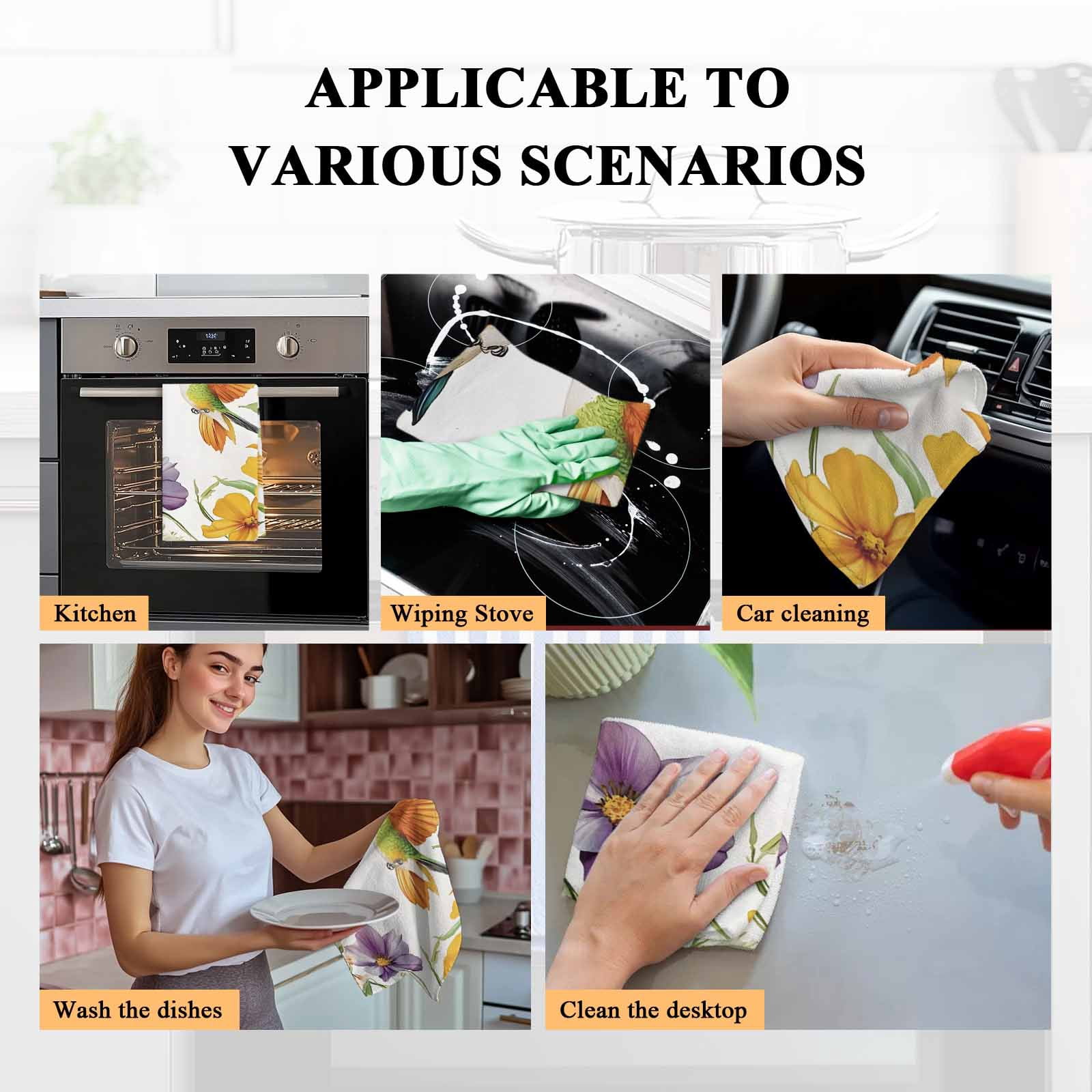 Spring Floral Kitchen Towel Dish Cloths Set of 2, Microfiber Soft Kitchen Hand Towels, Summer Botanical Birds Colorful Absorbent Quick Drying Dishcloths 18 x 28 Inches