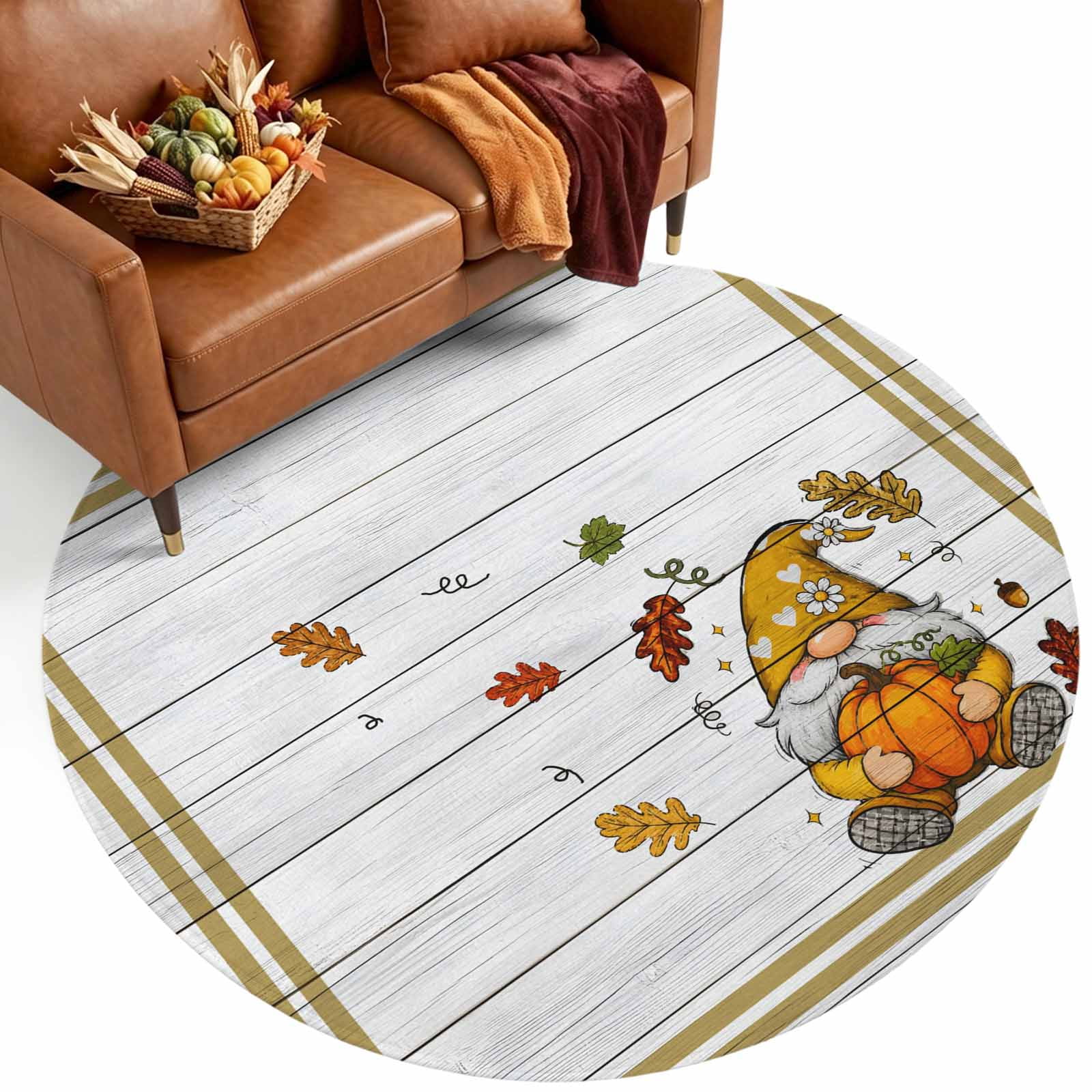 Round Area Rug - 3ft Rustic Gnome Thanksgiving Pumpkin Non Slip Washable Circle Carpet Soft Large Floor Rugs for Living Room Bedroom Nursery Office