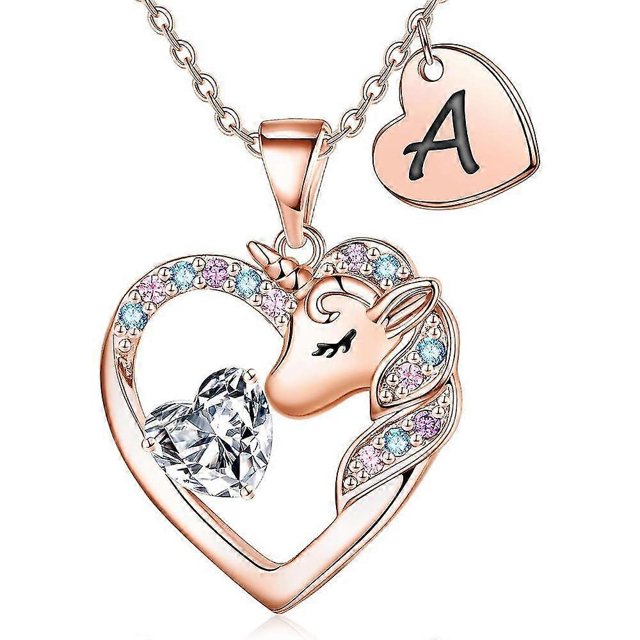 Europe And The United States 26 Letters Color Zircon Copper Material Love Pendant Children Gift Unicorn Necklace--Rose Gold A-Model code21758 Rose Gold A