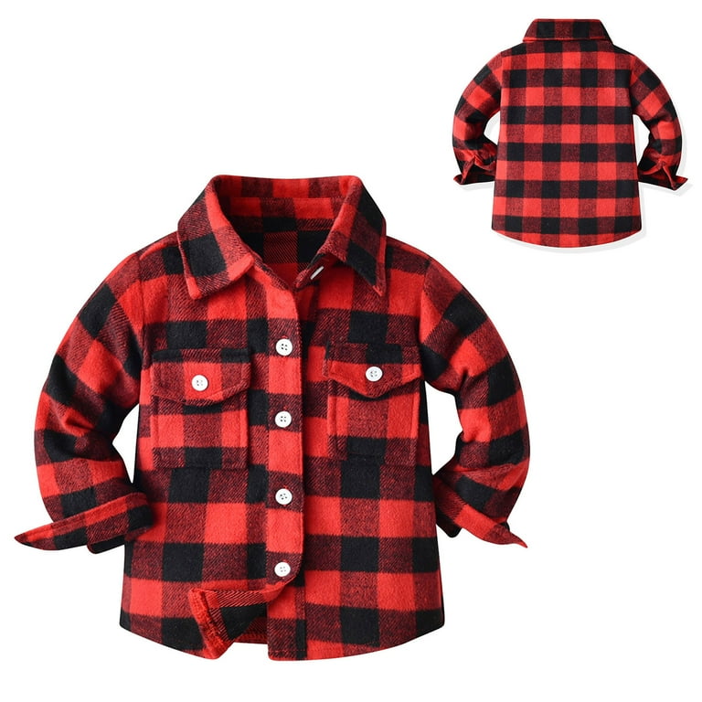Ulitacool Cute Tops For Boys Kids Flannel Jacket Plaid Long Sleeve