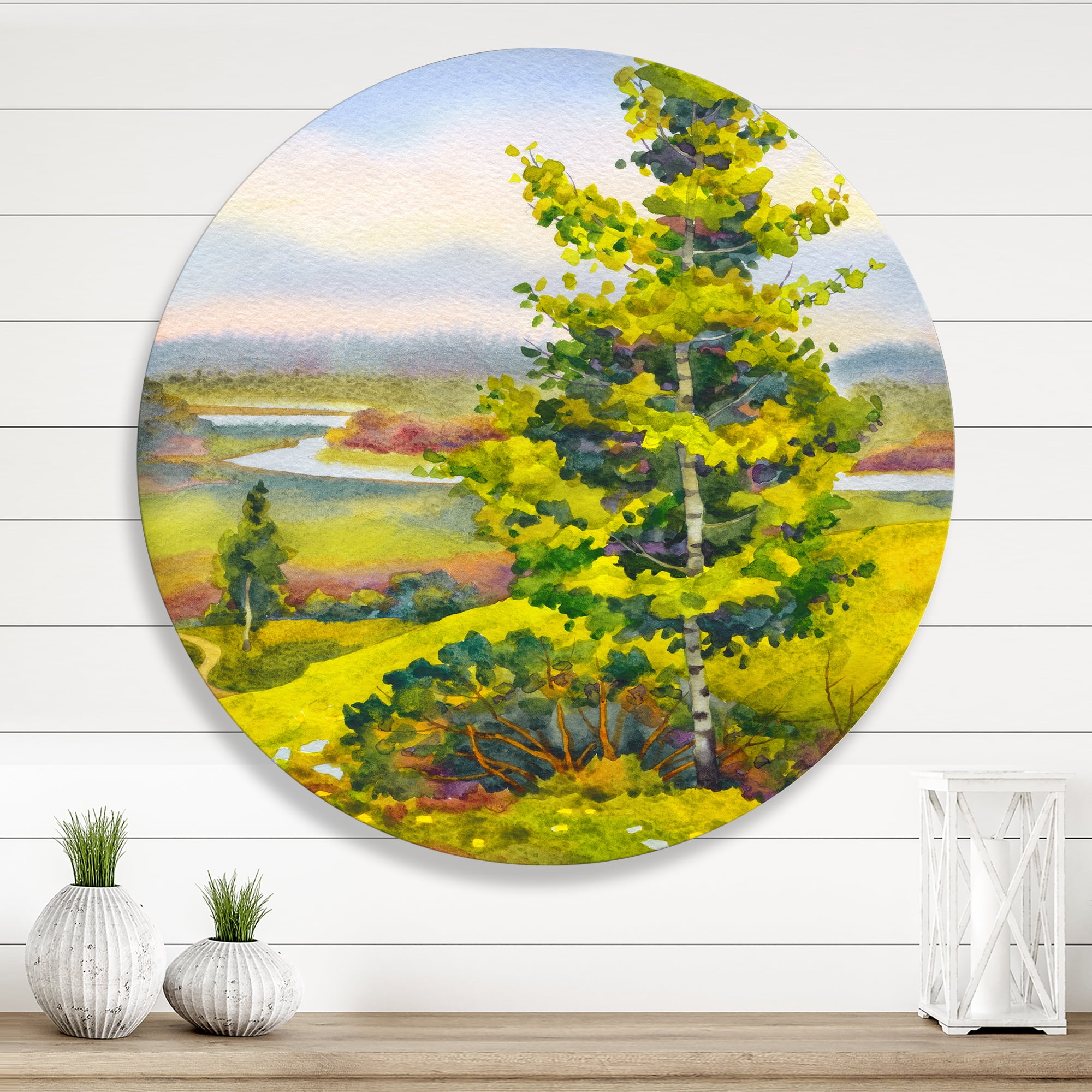 Designart 'Colorful Young Orange Betulas Along Bank Of Calm Bay' Lake House Circle Metal Wall Art 23x23 - Disc of 23