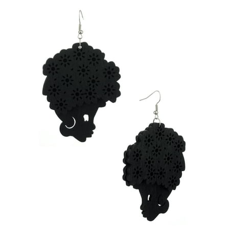 - Wooden Floral Turban Fro African Woman Head Dangle Pierced Earrings, Black
