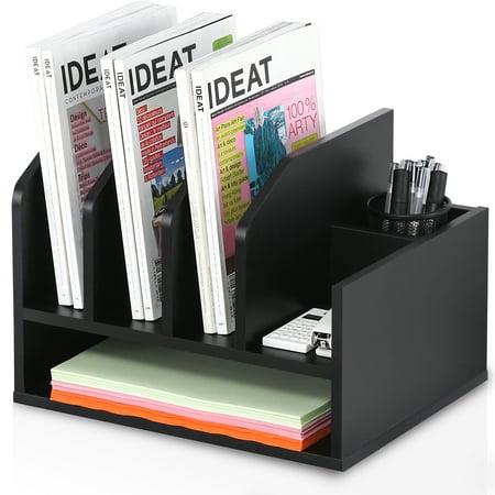 Fitueyes Wood Desk Organizer With Letter Tray 5 Upright Sections