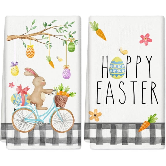 2Pcs Easter Kitchen Towel Watercolor Easter Egg Bunny Rabbit Bike Dish Towels 18 x 26 in Spring Buffalo Plaid Hand Drying Tea Towel for Cooking Baking Cleaning Wipes