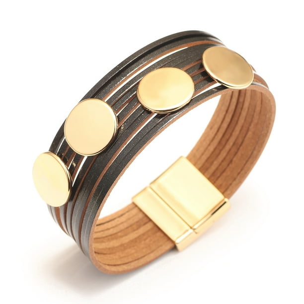 Pulsera de piel sintética para mujer, diseño de varias hebras con color dorado