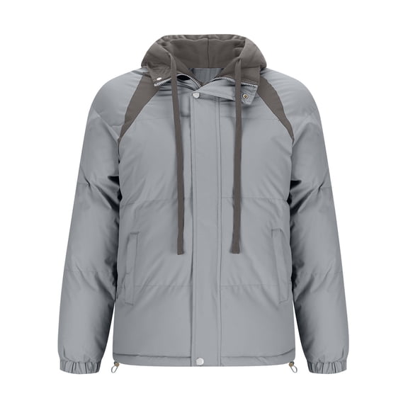 LpwkSSA Men's Winter Warm Puffer Jacket Gift Casual Fake Two Piece Jacket Hooded Color Blocked Long Sleeve Drawstring Winter Fake Two Piece Warm Jacket Gray XXL