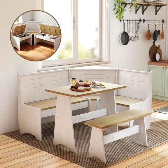 Breakfast Nook Kitchen Corner Dining Table Bench Chair Set, Space-Saving 3-4 Seat L-Shape Farmhouse Mid Century Modern Style for Family Home Natural Solid Wood