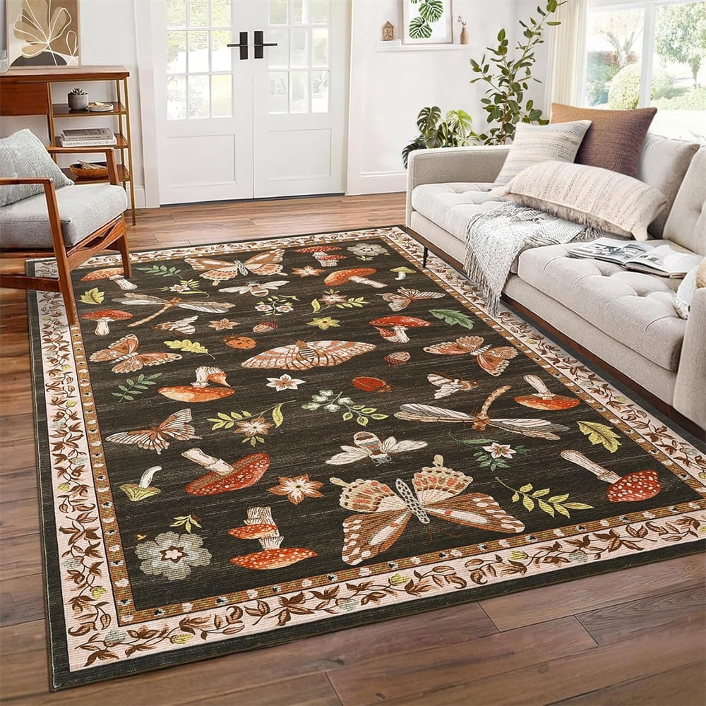 Washable Runner Rug Modern Insect Floral Print Area Rug Mushroom Carpet for Kitchen Stain Resistant Carpet with Non-Slip Backing Low Pile Floor Cover for Hallway Laundry Bedroom