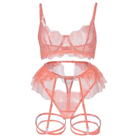 

Pimfylm Bodysuit Shapewear For Women Women s Eyelash Lace Strappy Garter High Waisted Belt Underwire Lingerie Set Red Small