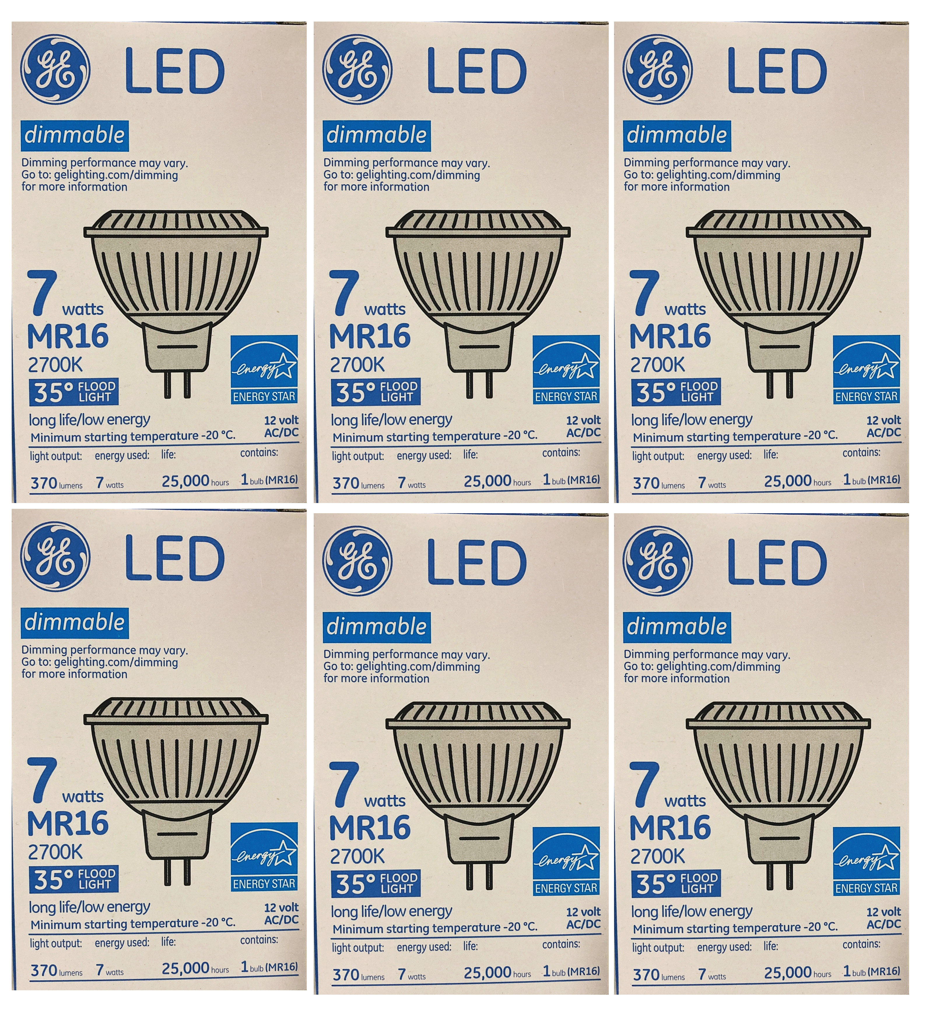 (case of 6) GE 69924 Energy Smart LED Flood Light, 7 watt, 12 volt, MR16, 2-Pin (GU5.3) Base, 370 lumens, 83 CRI, 2700 K