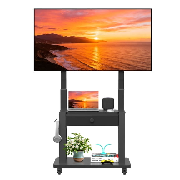 Hellsehen Rolling TV Stand with Fabric Drawers for 32-75 inch Flat Curved Screens up to 220lbs Adjustable Height Black