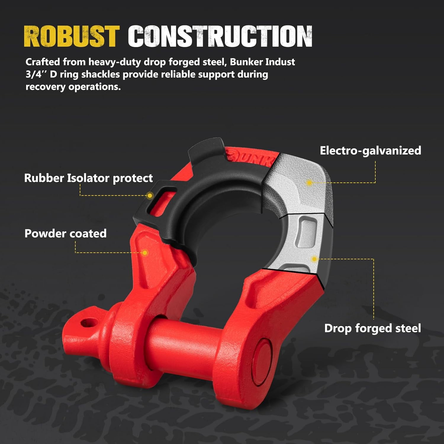 BUNKER INDUST 3/4" D Ring Shackle with 7/8" Pin,Red Tow Shackles with Isolator for Use with Tow Strap, Winch, 2 Pack Off-Road Recovery Shackle for Jeep Truck Vehicle ATV UTV, 42,000lbs Break Strength