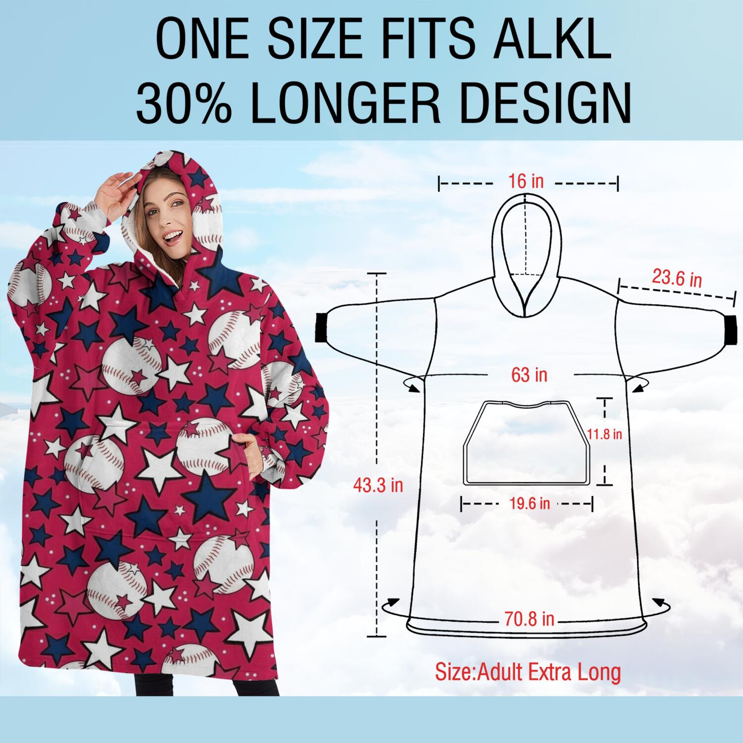 Oversized Wearable Blanket Hoodie,Red Baseballs and Stars Pattern Sherpa Blanket Hoodie with Super Pockets,Super Warm Fuzzy Pullover for Women & Men