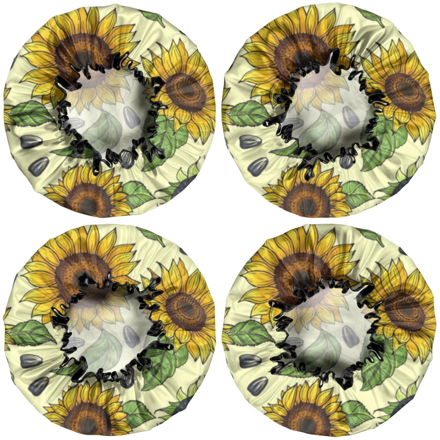 Shower Caps,Yellow Sunflower Seed Pattern Waterproof Shower Cap for Women 4 Pieces,Double Reusable Hair Cover for Shower PEVA Elastic Stretch Hem