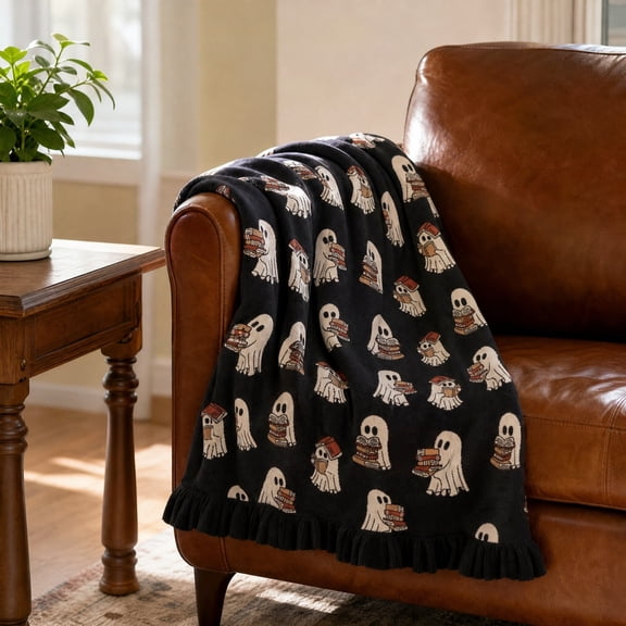 Halloween Ghost Reading Book Knit Throw Blanket, Ruffle Edge Black Jacquard Blanket, Bookish Spooky Goth Decor Cover for Sofa Bedroom Dorm