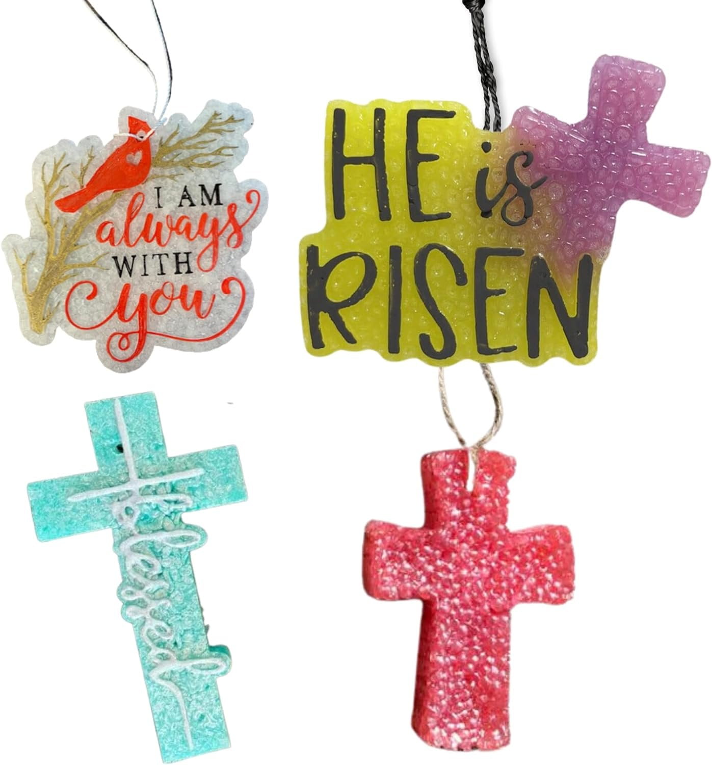 Christian Jesus Religious Car Freshie Silicone Molds  Bulk 4 pk Car Freshener Scented Aroma Bead Oven Safe 450 F He is Risen, Cross, Blessed, I Am Always with You Cardinal