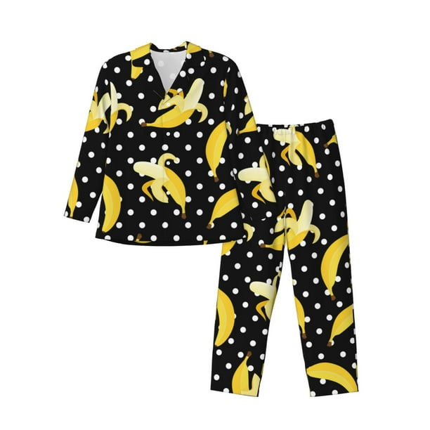 Balery Banana Pijama para Hombre de Dos Piezas con Manga Larga, Conjunto de Dormir y Descanso Suave con Bolsillos-Small
