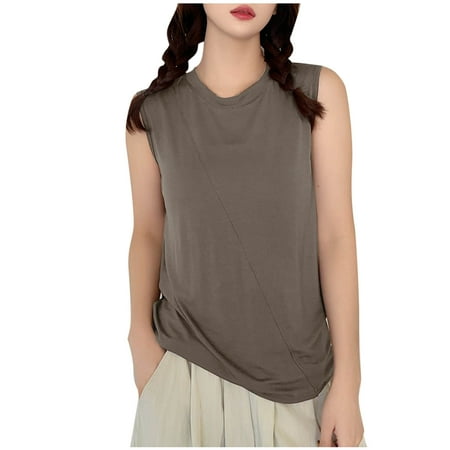 JGGSPWM Women s Soft Modal Cotton Summer Tank Tops Solid Fashion Crewneck Sleeveless Tee Shirts Casual Loose Fit Basic Blouse Gray 2XL