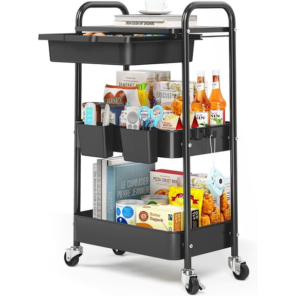 3 Tier Metal Rolling Cart with Drawer, Black Utility Storage Cart