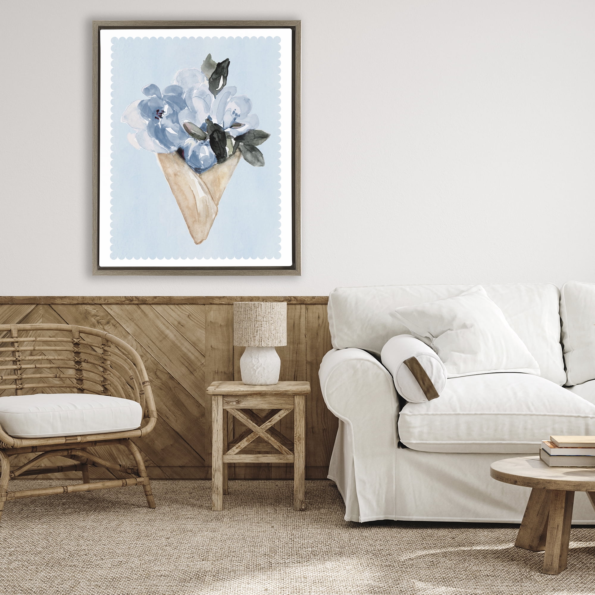 Stupell Industries Blue Flower Gift Bouquet Brown Framed Floater Canvas Wall Art, design by Elizabeth Medley