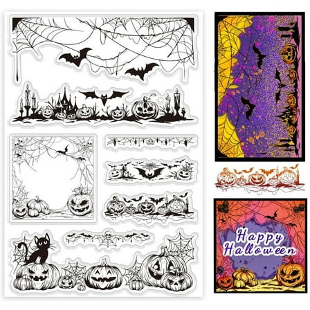 Halloween Clear Stamps Bat Transparent Stamp Decorative Clear Stamps Pumpkin Craft Stamp Web Rubber Stamp for Card Making DIY Scrapbooking Stamp Album Crafting Journal Decoration