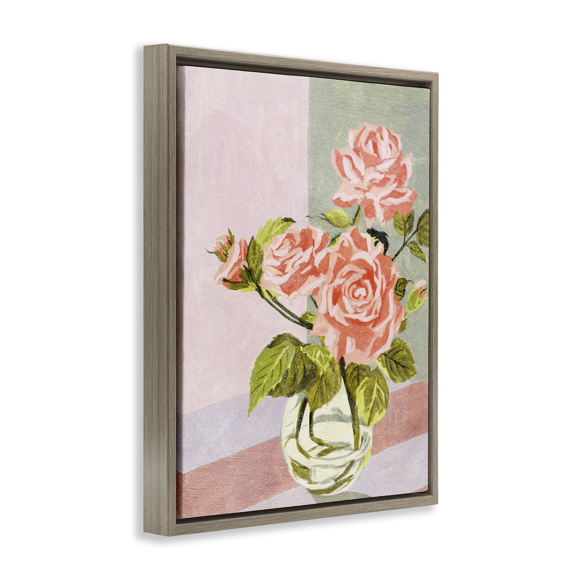 Stupell Industries Pink Roses on Pastels Plants & Flowers Painting Brown Floater Framed Canvas Art Print Wall Art, 17 x 21