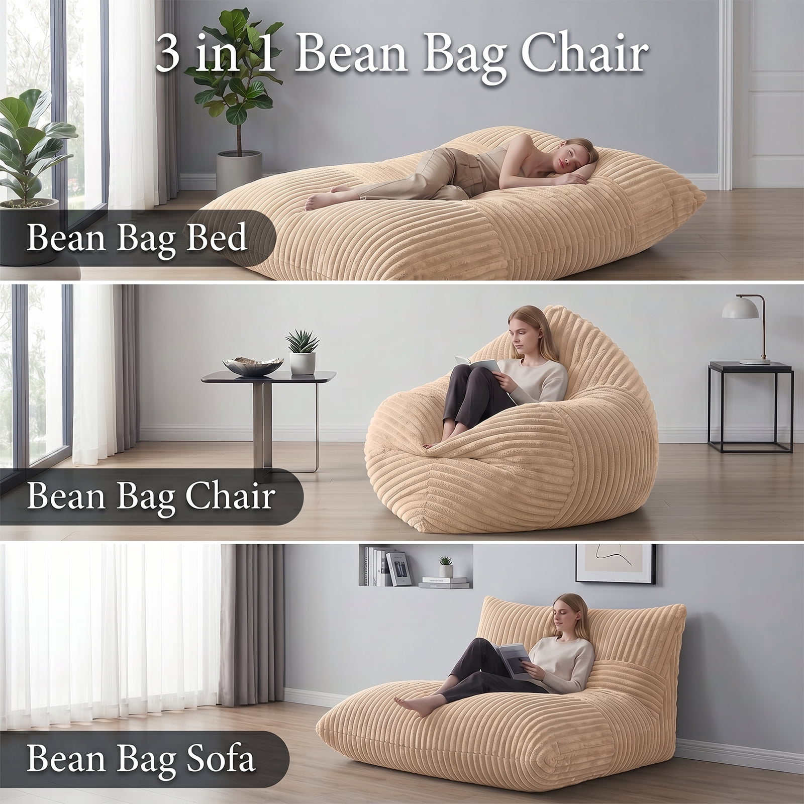 VIREO 3 in 1 Bean Bag Chair Giant Bean Bag Chairs Convertible Bean Bag Floor Cushion with Machine Washable Cover, Beanbag Chairs for Adult (Beige)