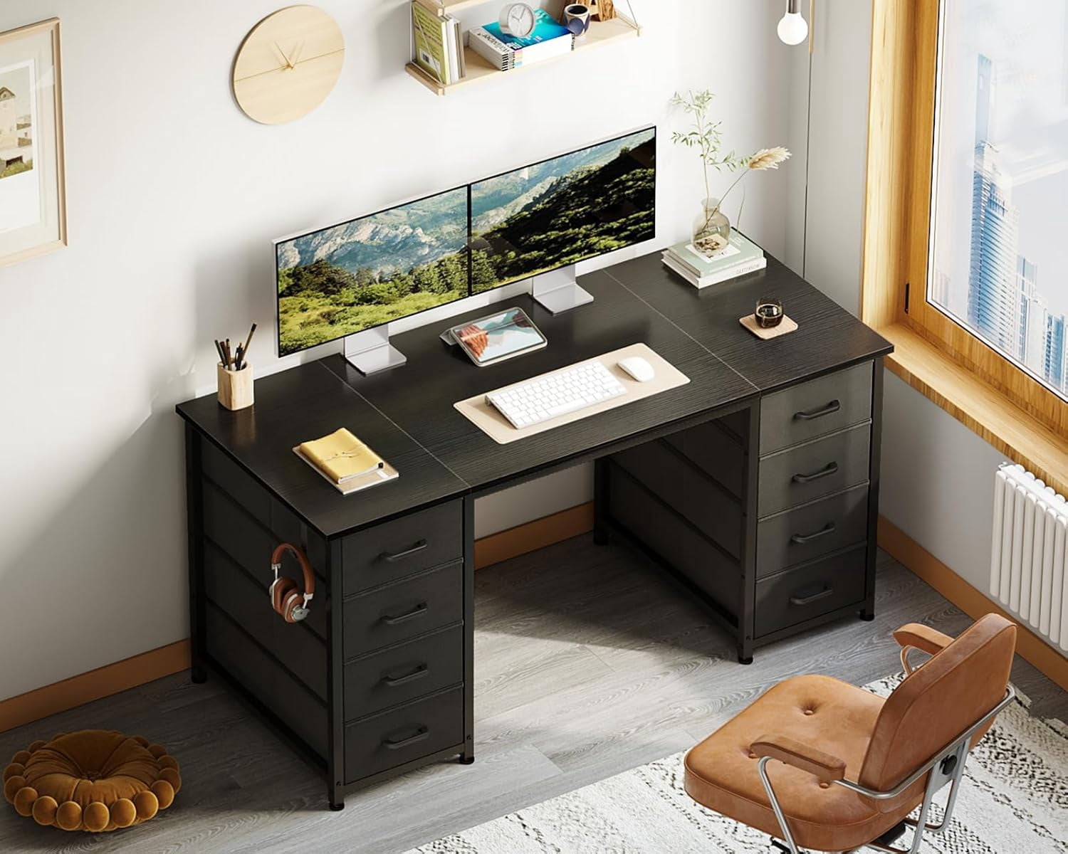 ZYPPP 48 Inch Computer Desk with 8 Fabric Drawers, Modern Office Desk with Large Storage for Home Office, Study, Gaming, Black