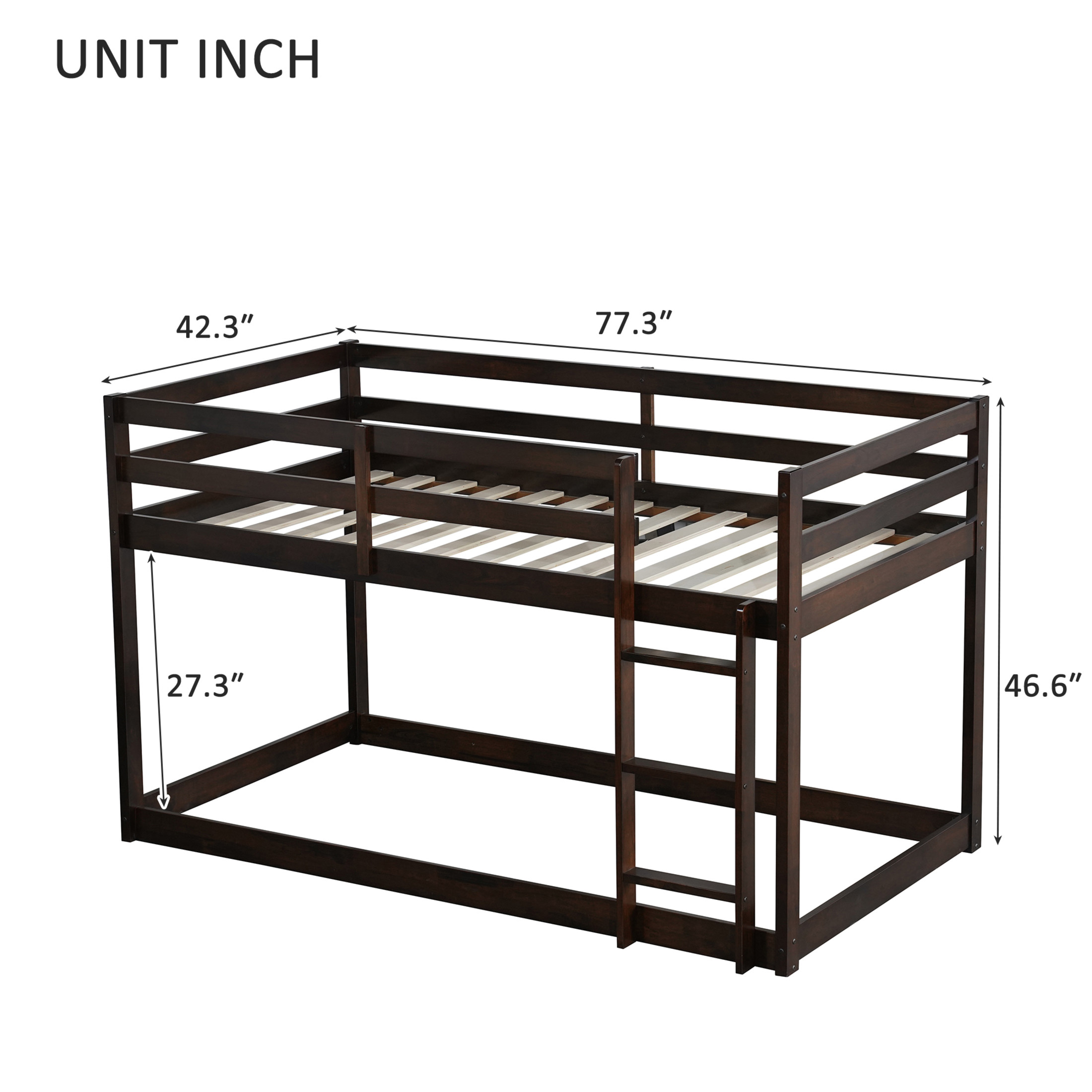 Noble House Jerome Twin Over Twin Floor Bunk Bed with Ladder, Solid Rubber Wood Frame with Strengthened Slats, Espresso